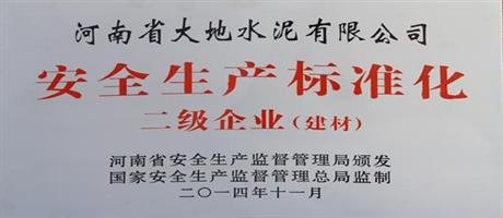 河南省大地水泥有限公司榮獲安全生產(chǎn)標(biāo)準(zhǔn)化二級企業(yè)